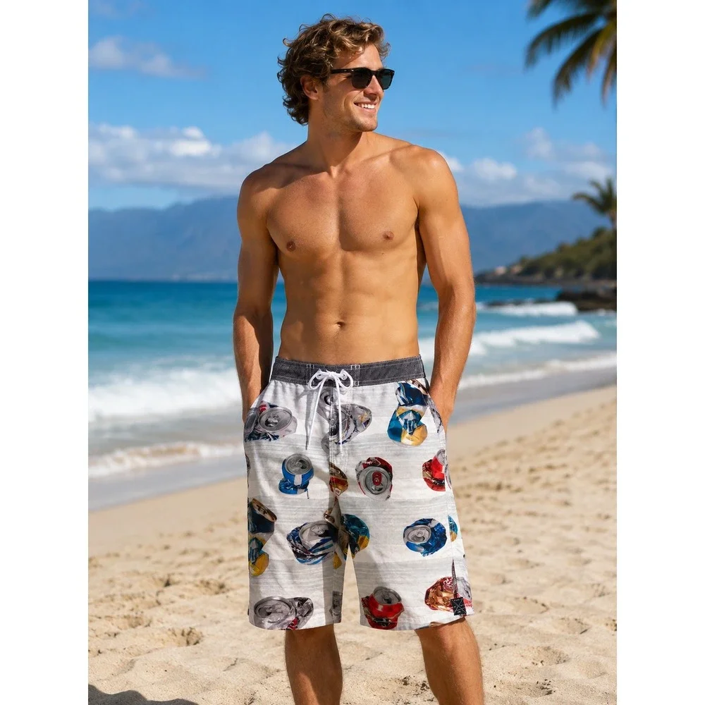 O'Neill Mens Board Shorts Size 30 Crushed‎ Soda Beer Can Print Swim Trunks Grey